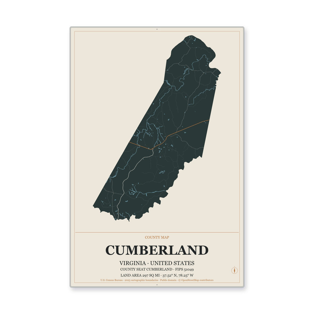 Cumberland County, Virginia Map Aluminum Sign in Headline Atlas style