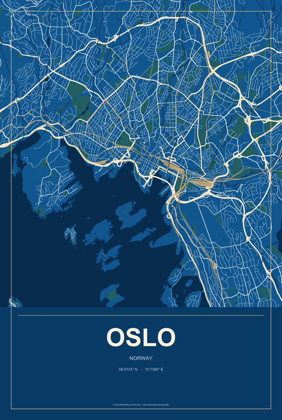 Oslo, Norway City Map Aluminum Sign in Harbor Cobalt style