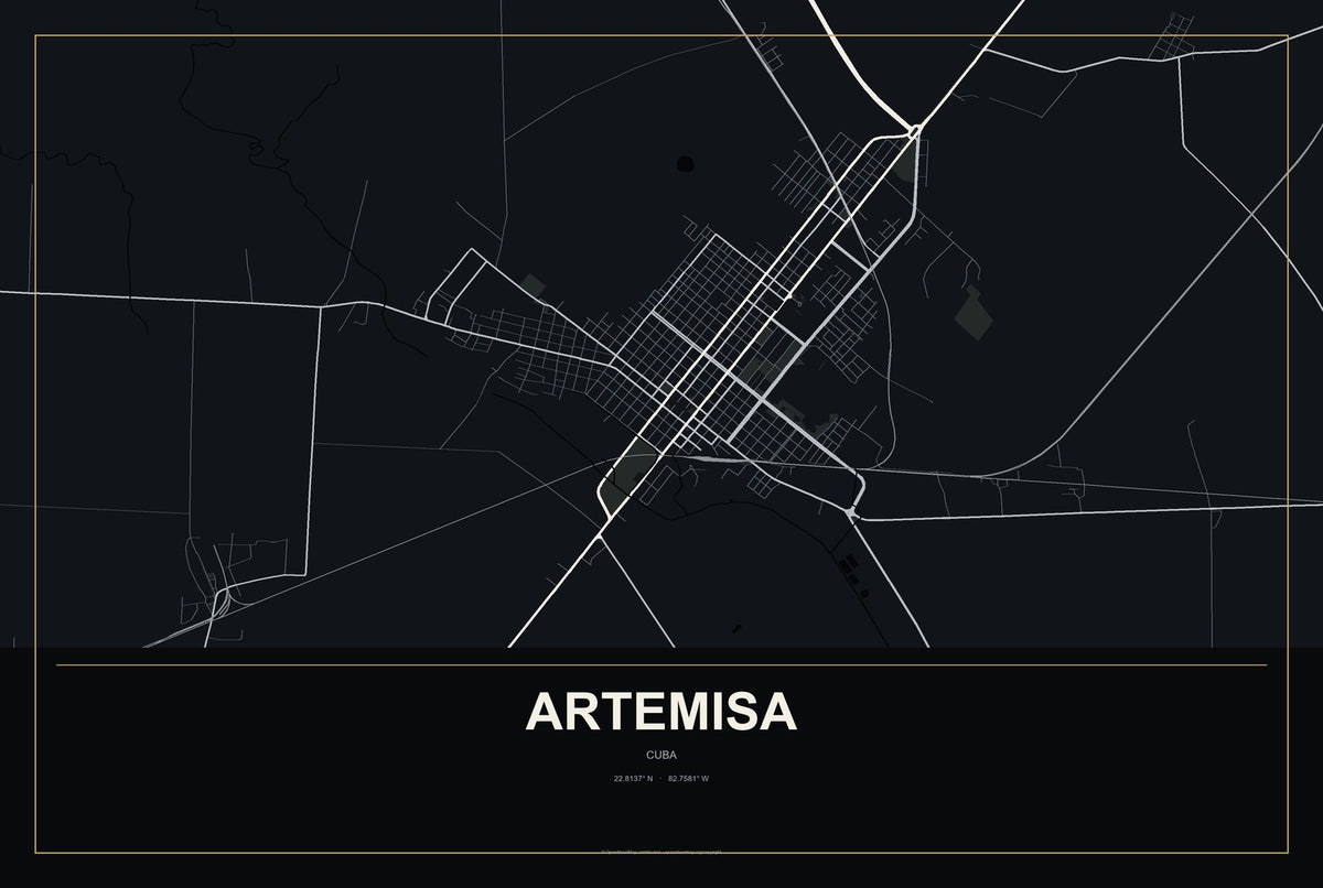 Artemisa, Cuba City Map Aluminum Sign in Metropolitan Noir style