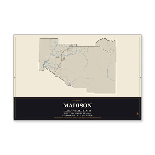 Madison County, Idaho Map Aluminum Sign in Museum Plaque style