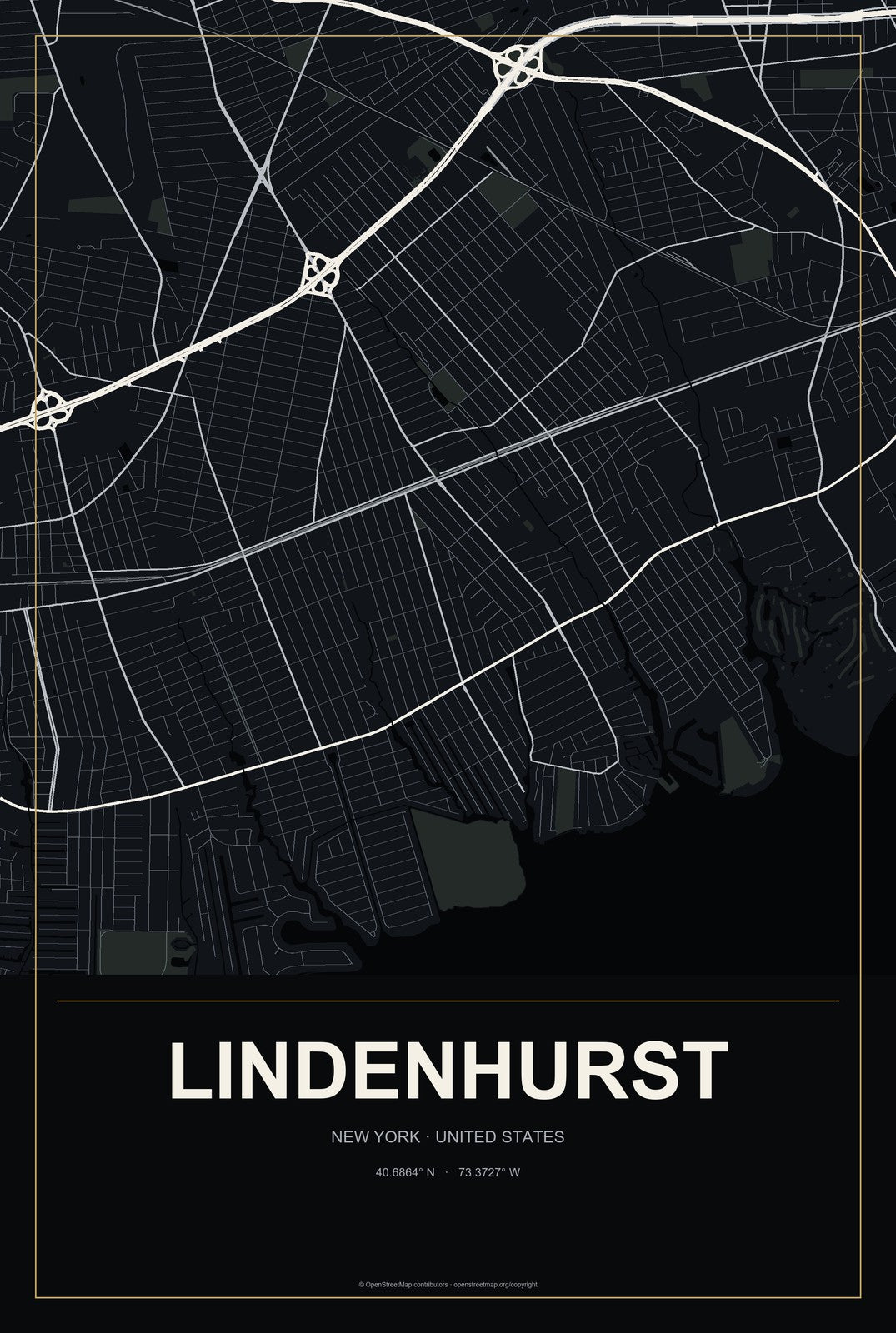 Lindenhurst, New York City Map Aluminum Sign in Metropolitan Noir style