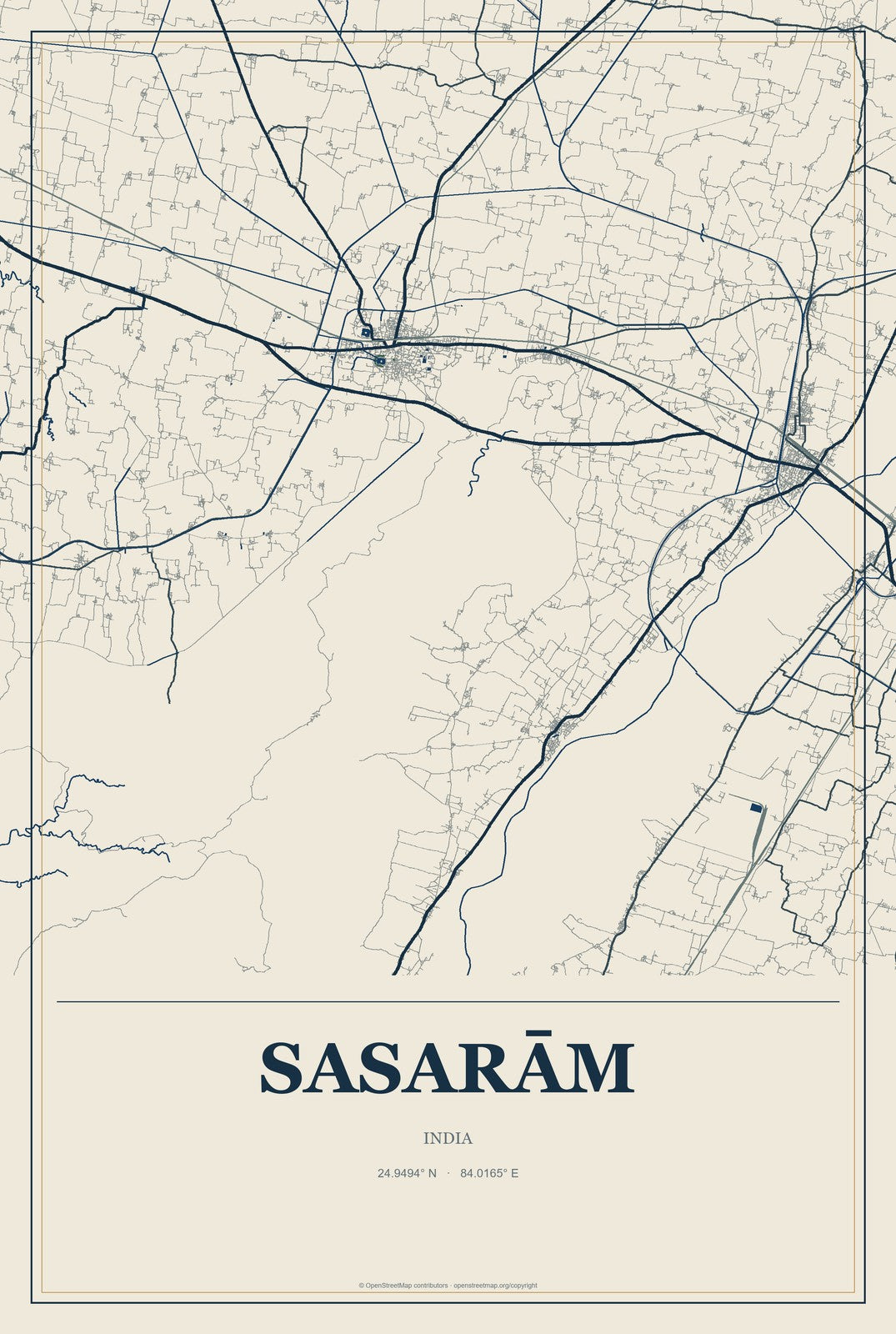 Sasarām, India City Map Aluminum Sign in Coastal Cutout style