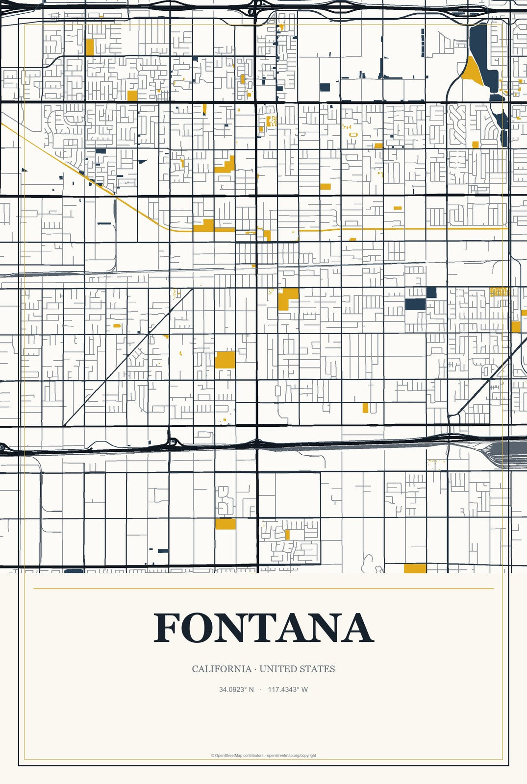 Fontana, California City Map Aluminum Sign in Citrine Modern style