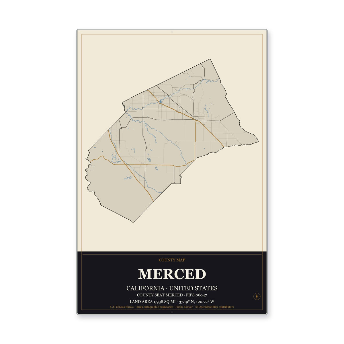 Merced County, California Map Aluminum Sign in Museum Plaque style