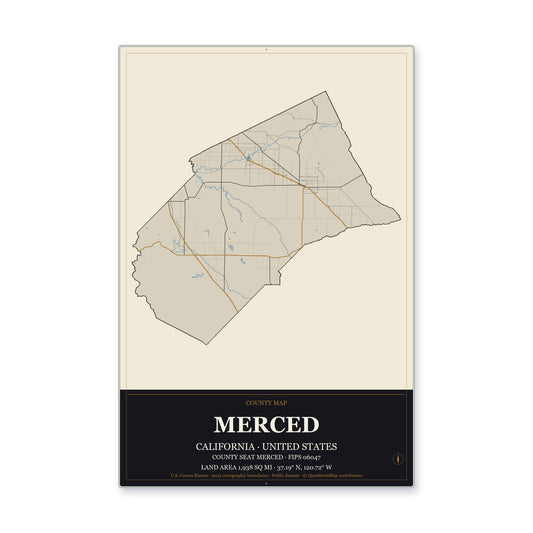 Merced County, California Map Aluminum Sign in Museum Plaque style
