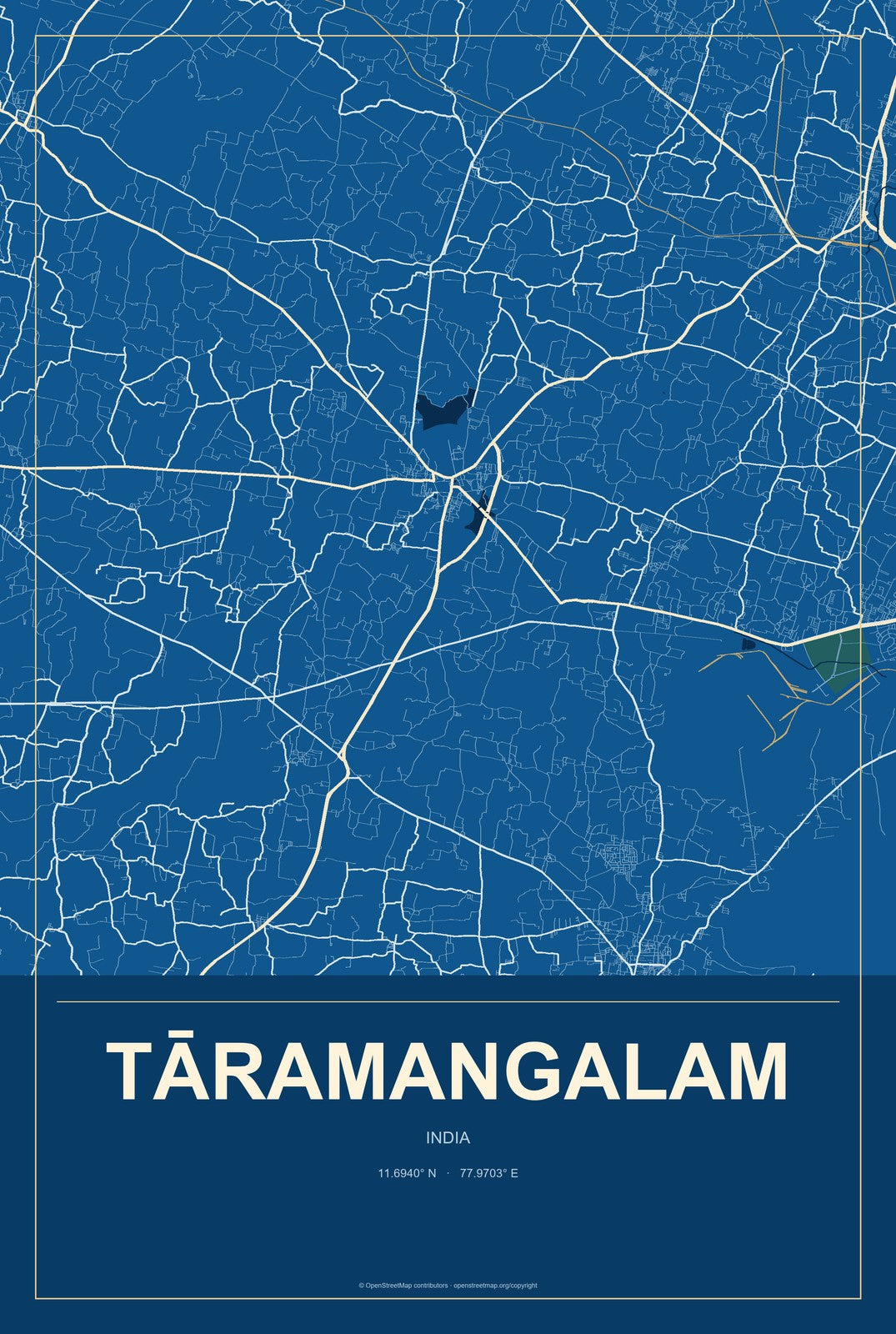 Tāramangalam, India City Map Aluminum Sign in Harbor Cobalt style