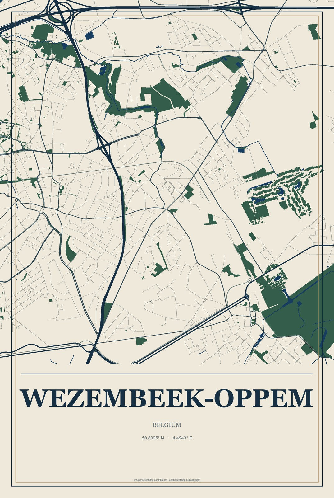 Wezembeek-Oppem, Belgium City Map Aluminum Sign in Coastal Cutout style