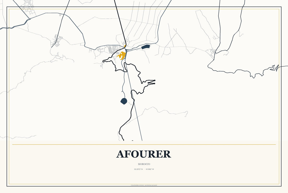 Afourer, Morocco City Map Aluminum Sign in Citrine Modern style