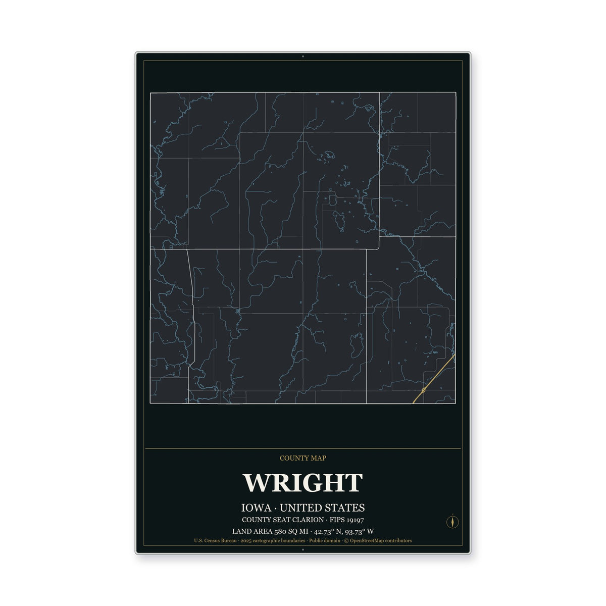 Wright County, Iowa Map Aluminum Sign in Metropolitan Noir style