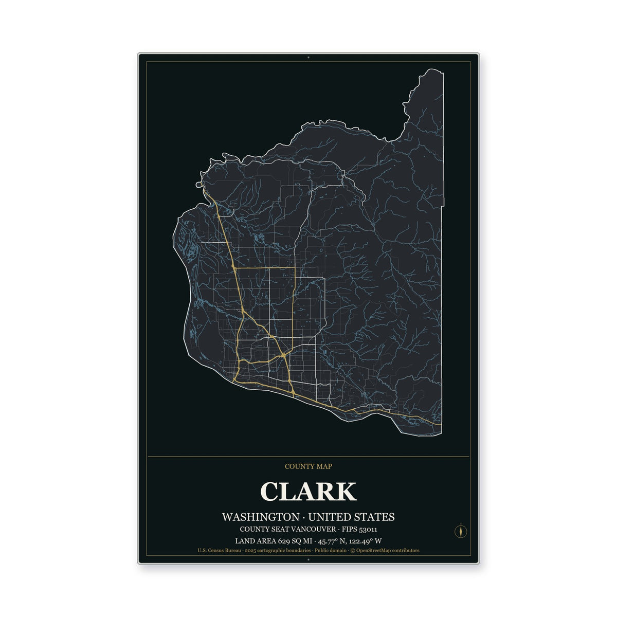 Clark County, Washington Map Aluminum Sign in Metropolitan Noir style