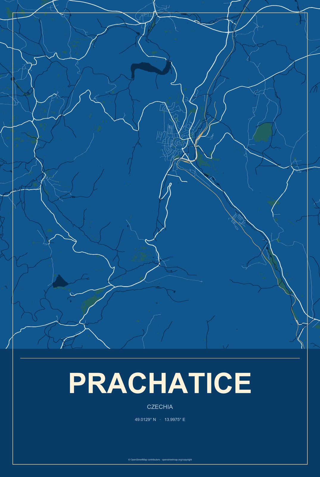 Prachatice, Czechia City Map Aluminum Sign in Harbor Cobalt style