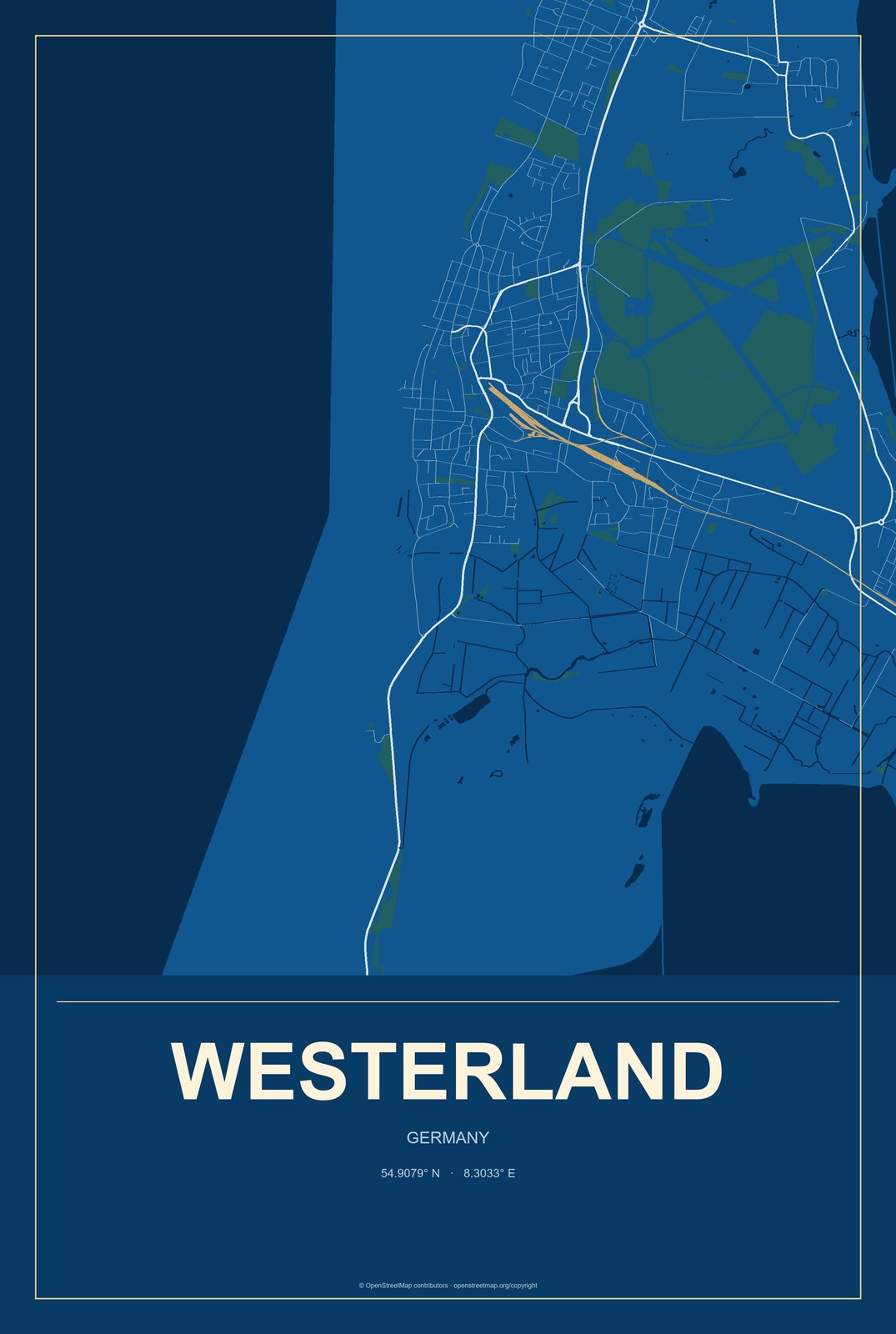 Westerland, Germany City Map Aluminum Sign in Harbor Cobalt style