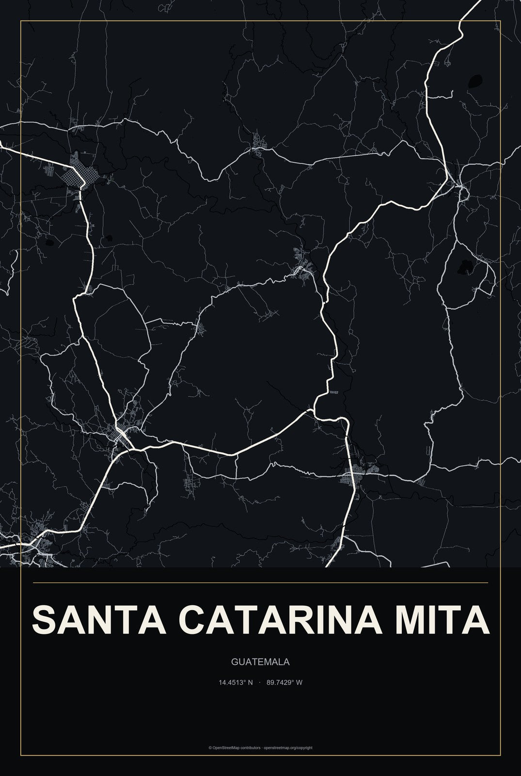 Santa Catarina Mita, Guatemala City Map Aluminum Sign in Metropolitan Noir style