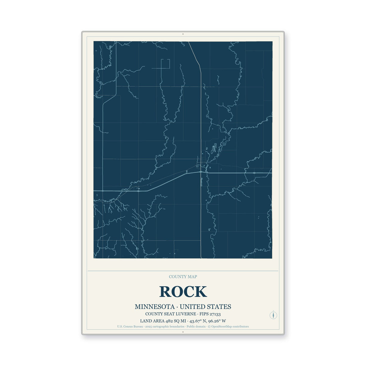 Rock County, Minnesota Map Aluminum Sign in Coastal Cutout style