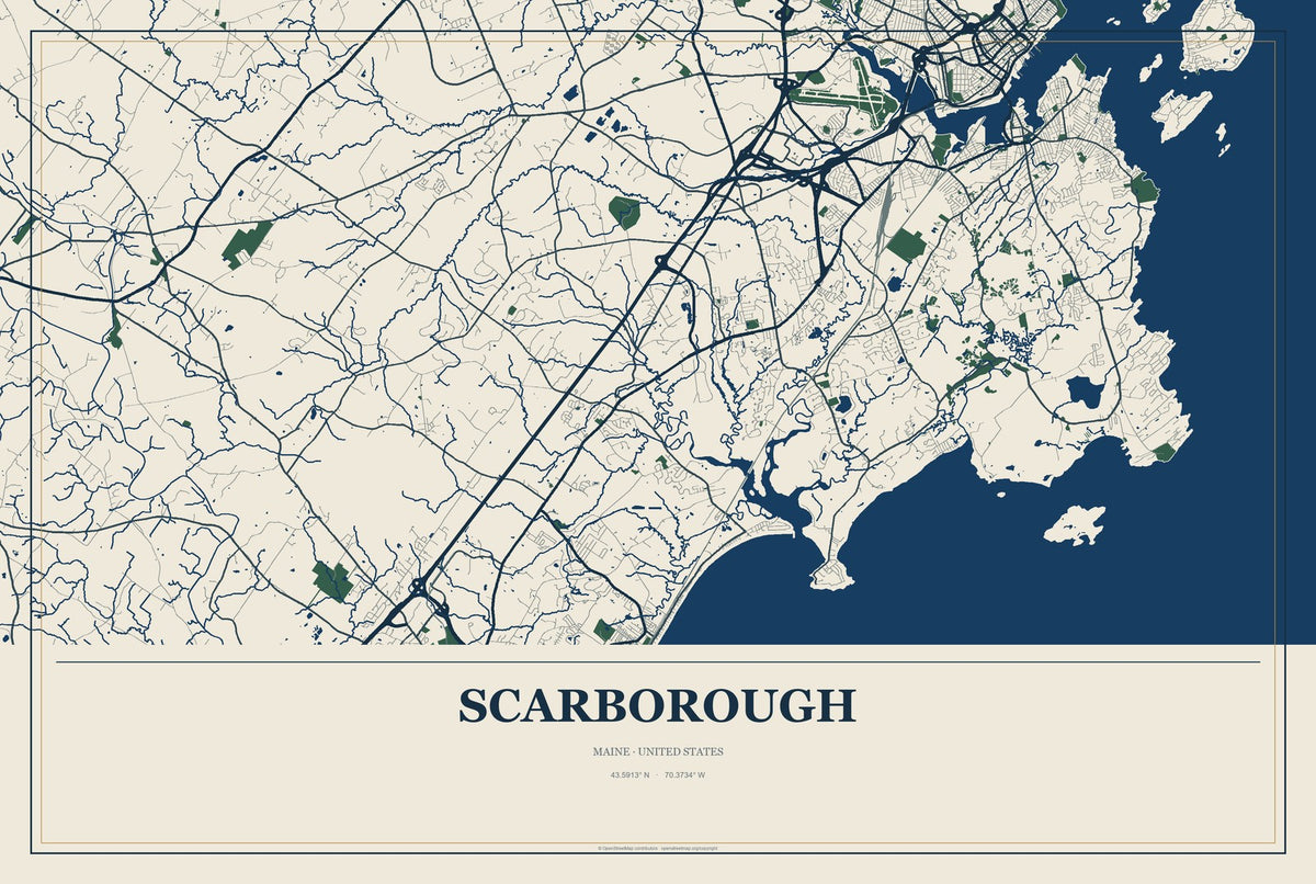 Scarborough, Maine City Map Aluminum Sign in Coastal Cutout style