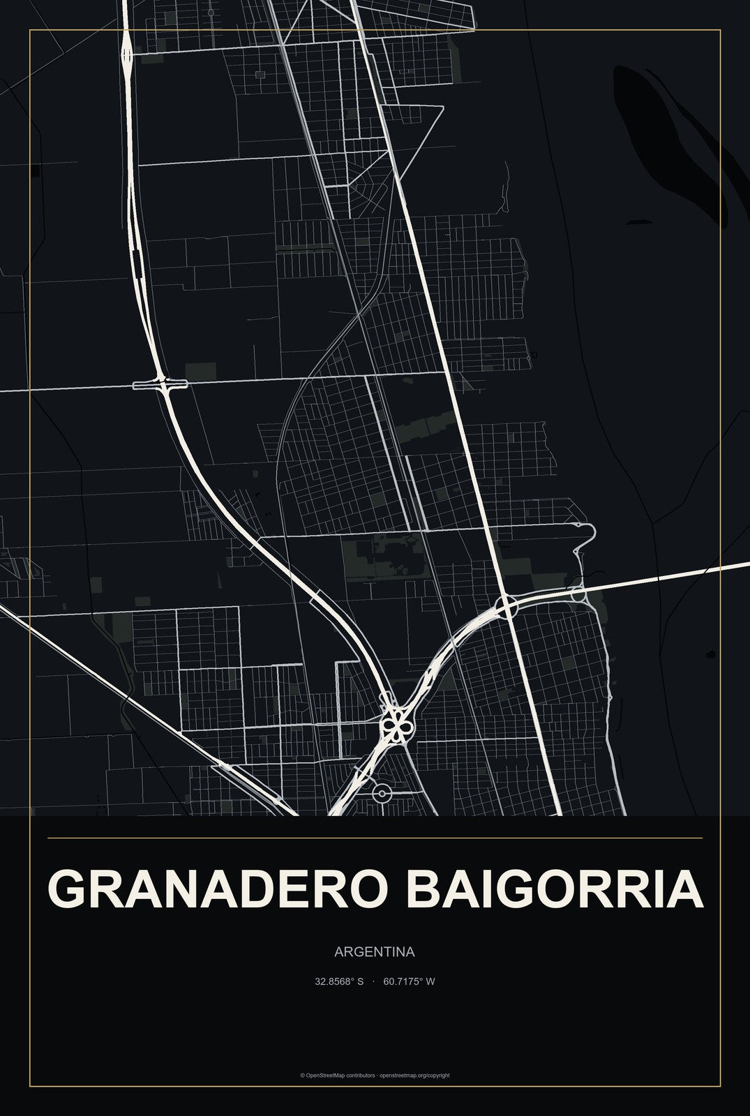 Granadero Baigorria, Argentina City Map Aluminum Sign in Metropolitan Noir style