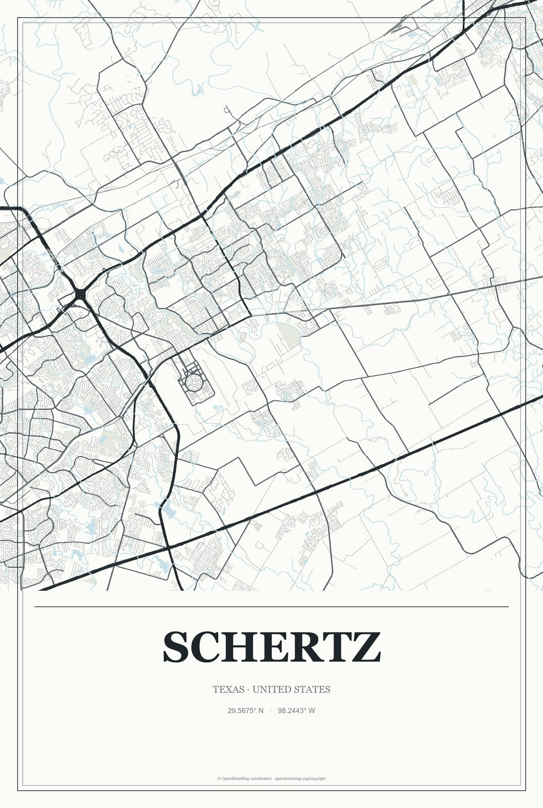 Schertz, Texas City Map Aluminum Sign in Gallery Air style