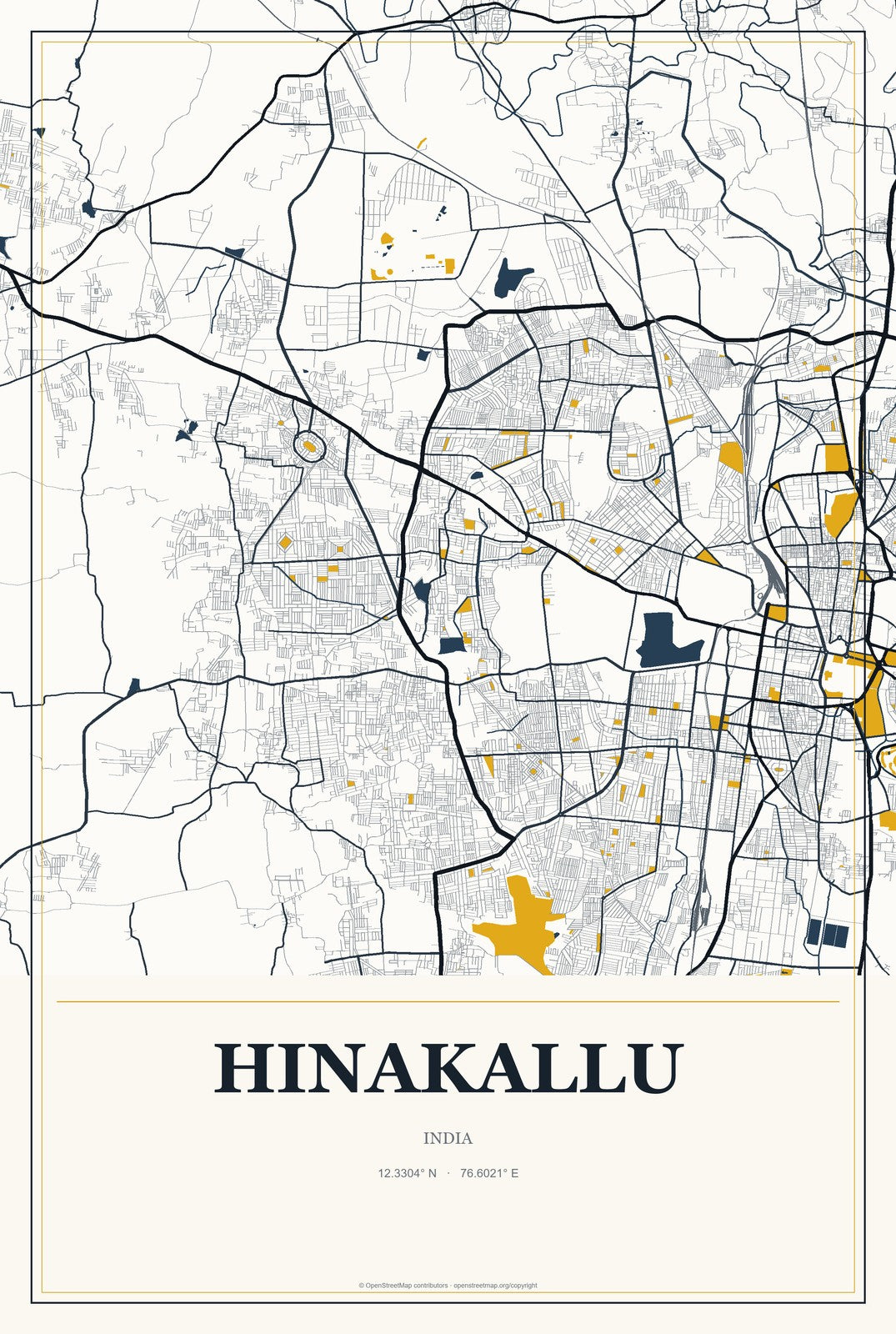 Hinakallu, India City Map Aluminum Sign in Citrine Modern style