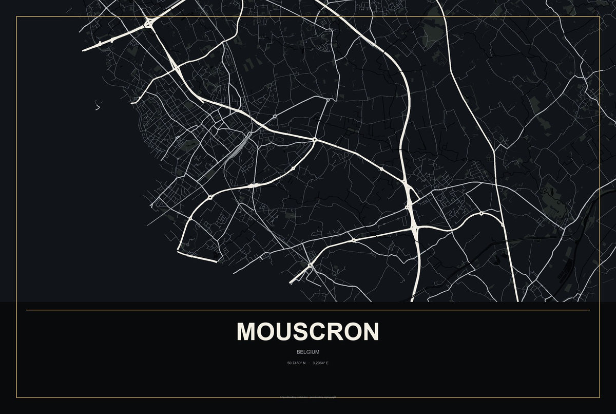 Mouscron, Belgium City Map Aluminum Sign in Metropolitan Noir style