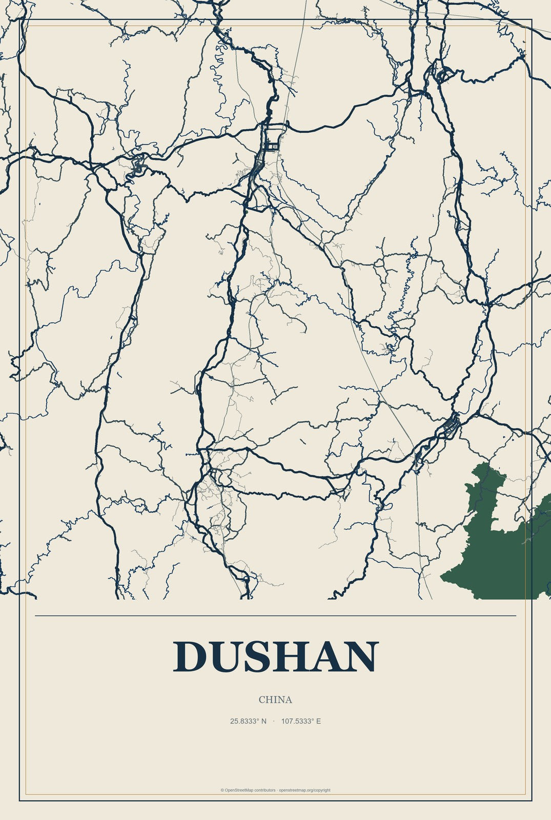 Dushan, China City Map Aluminum Sign in Coastal Cutout style