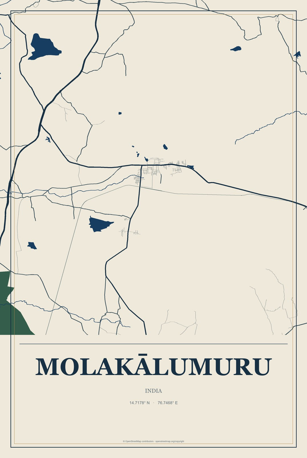 Molakālumuru, India City Map Aluminum Sign in Coastal Cutout style