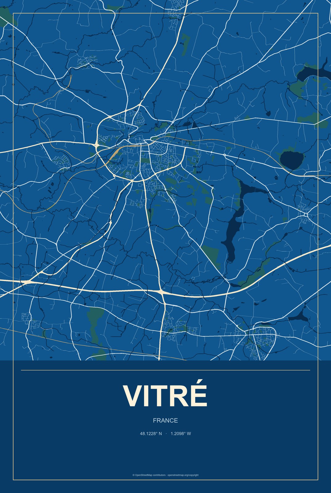 Vitré, France City Map Aluminum Sign in Harbor Cobalt style