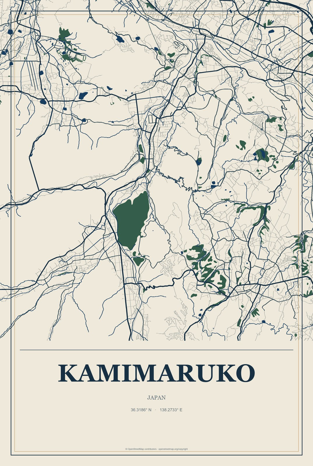 Kamimaruko, Japan City Map Aluminum Sign in Coastal Cutout style
