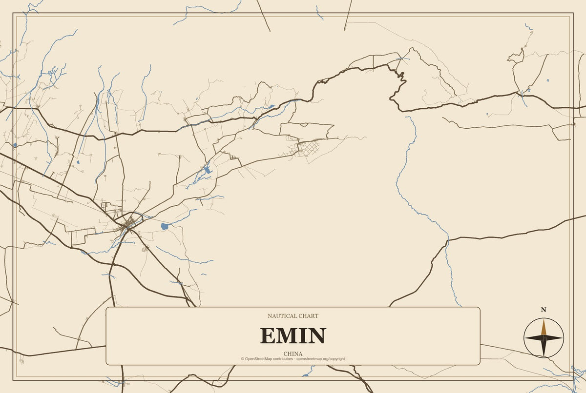 Emin, China City Map Aluminum Sign in Heritage Nautical style