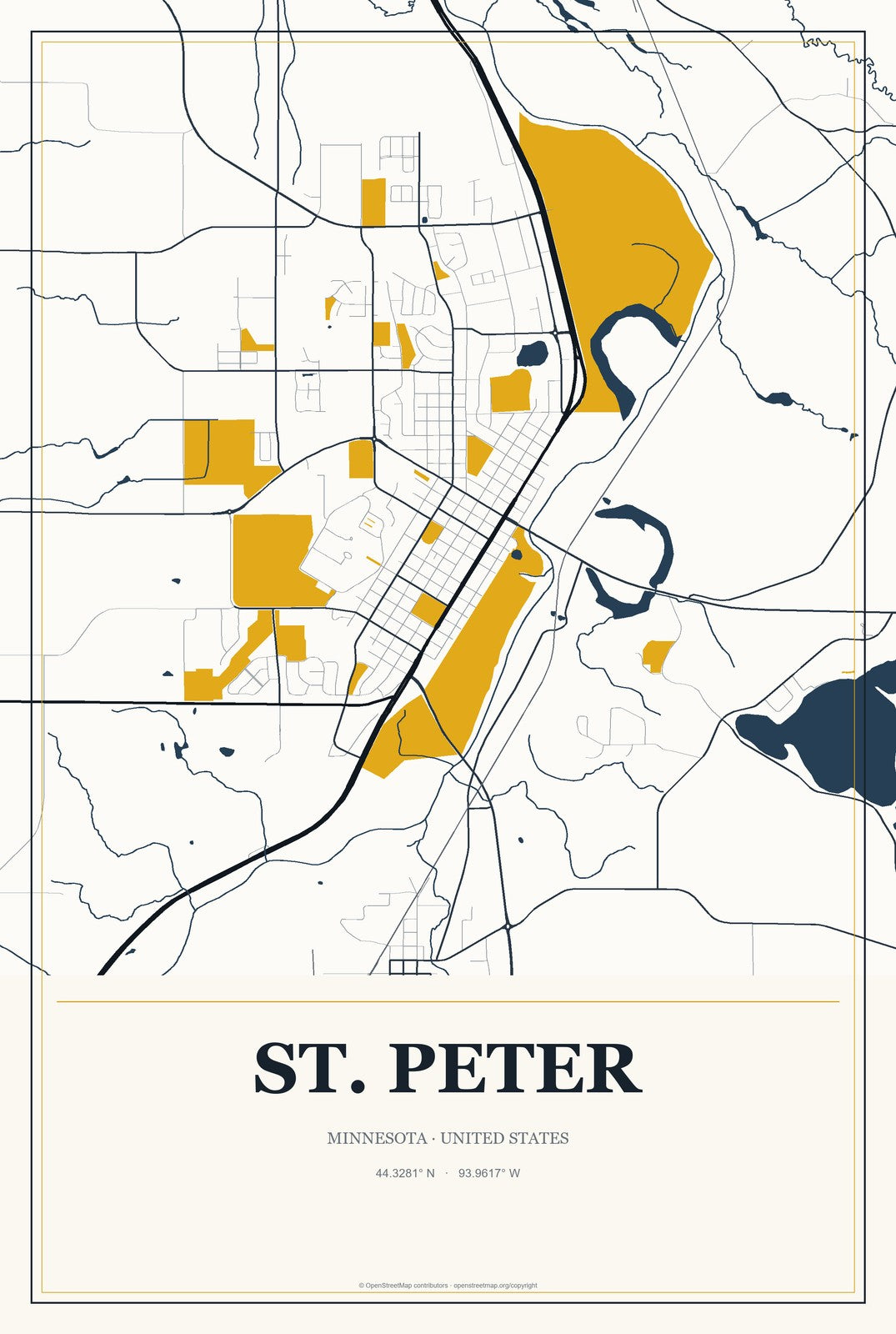 St. Peter, Minnesota City Map Aluminum Sign in Citrine Modern style