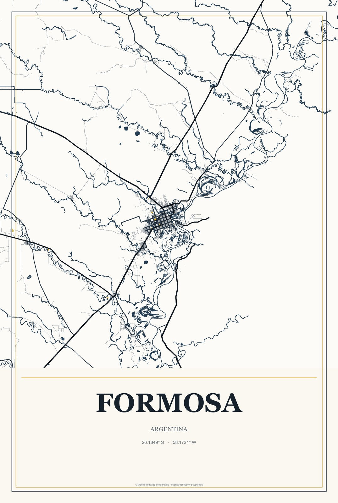 Formosa, Argentina City Map Aluminum Sign in Citrine Modern style