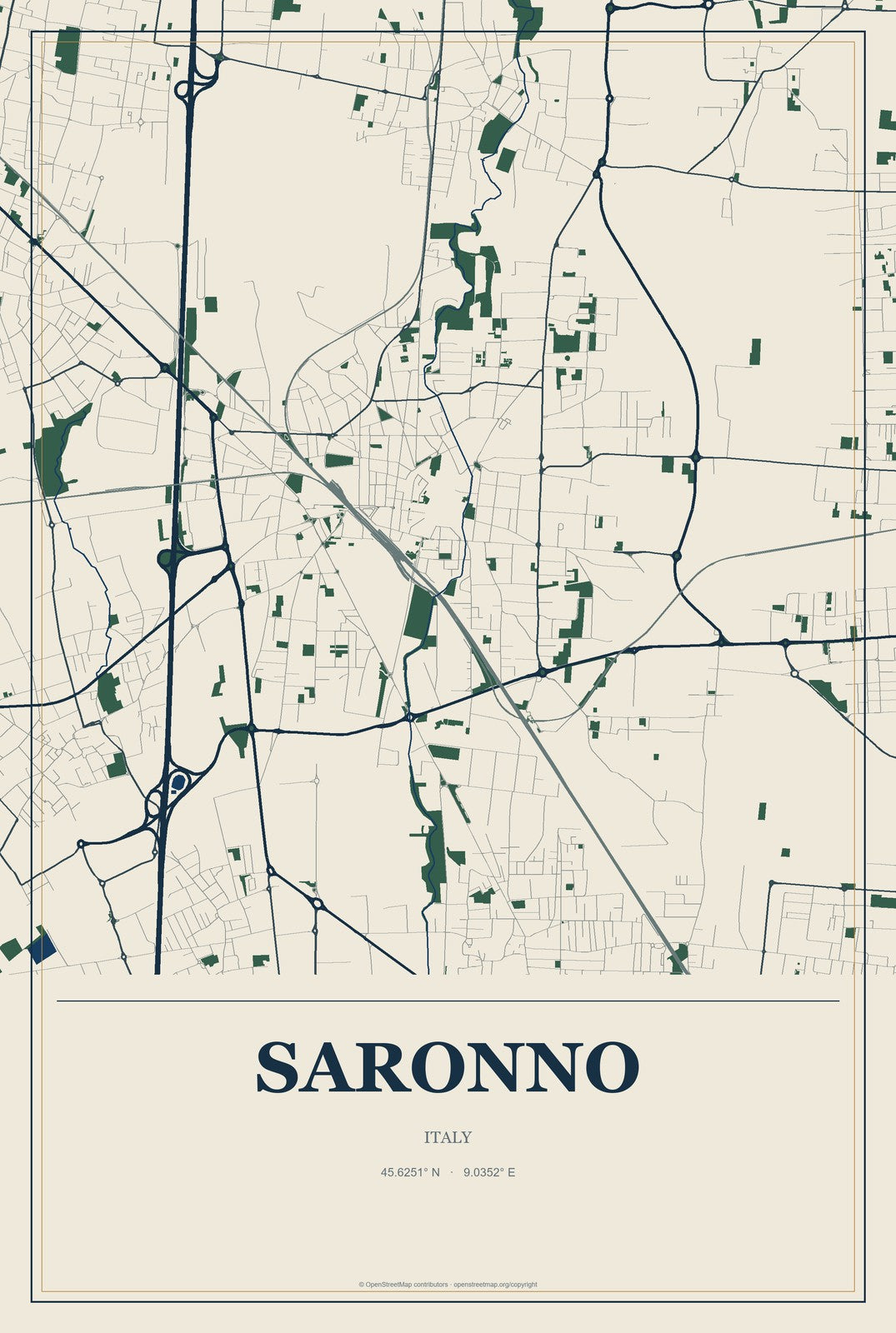 Saronno, Italy City Map Aluminum Sign in Coastal Cutout style