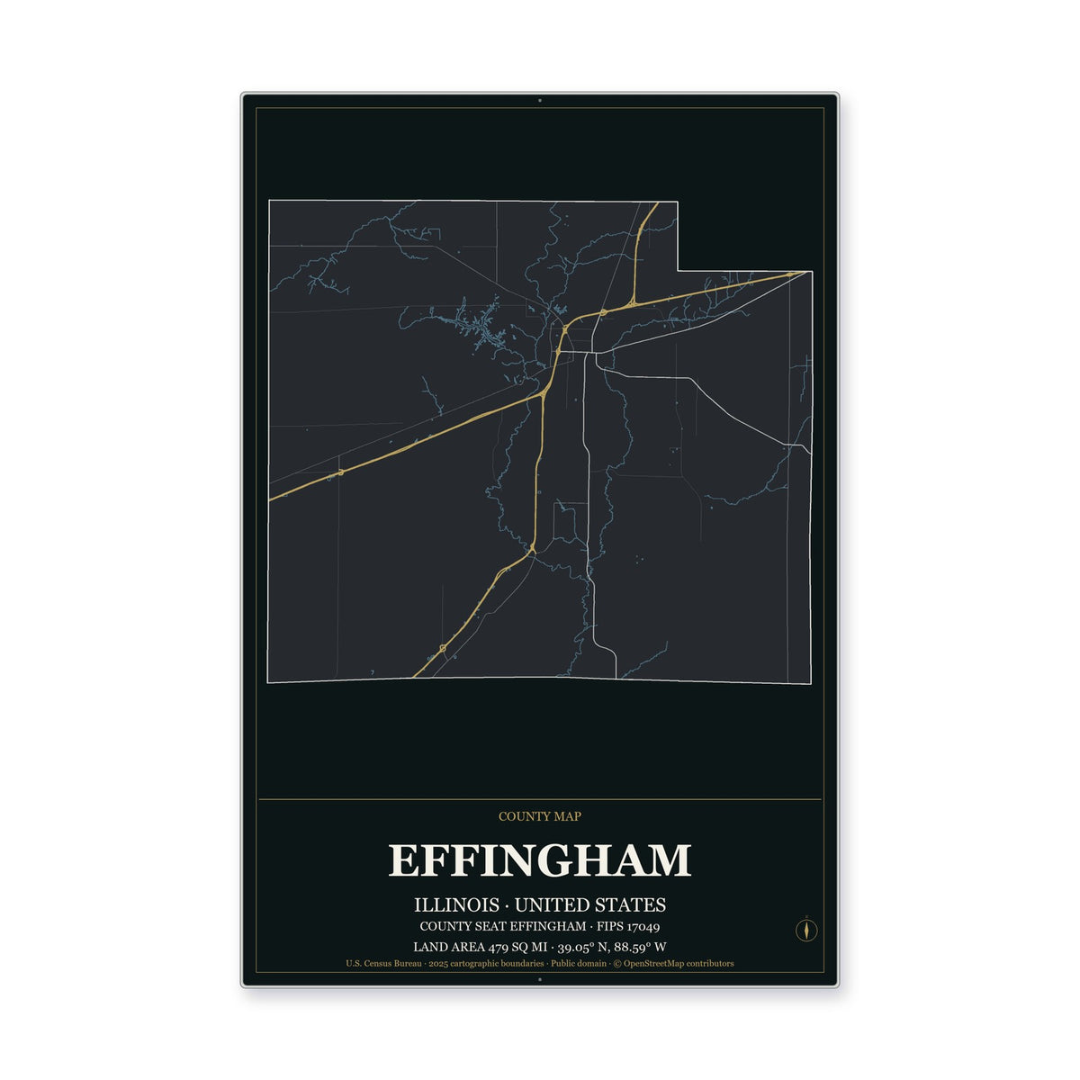 Effingham County, Illinois Map Aluminum Sign in Metropolitan Noir style