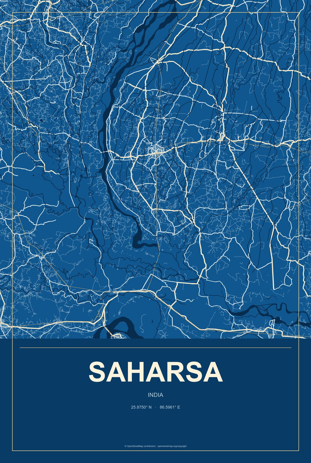 Saharsa, India City Map Aluminum Sign in Harbor Cobalt style