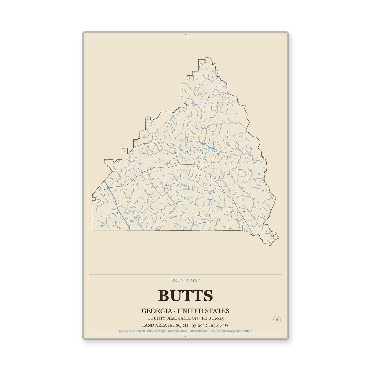 Butts County, Georgia Map Aluminum Sign in Heritage Nautical style