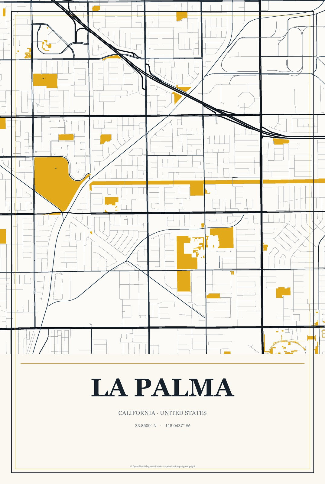 La Palma, California City Map Aluminum Sign in Citrine Modern style