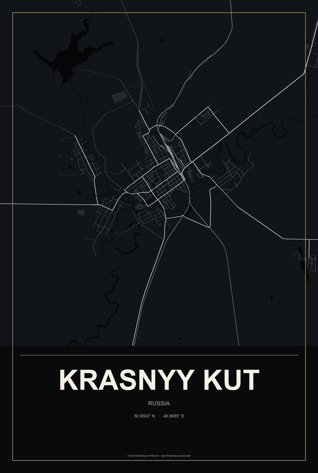 Krasnyy Kut, Russia City Map Aluminum Sign in Metropolitan Noir style