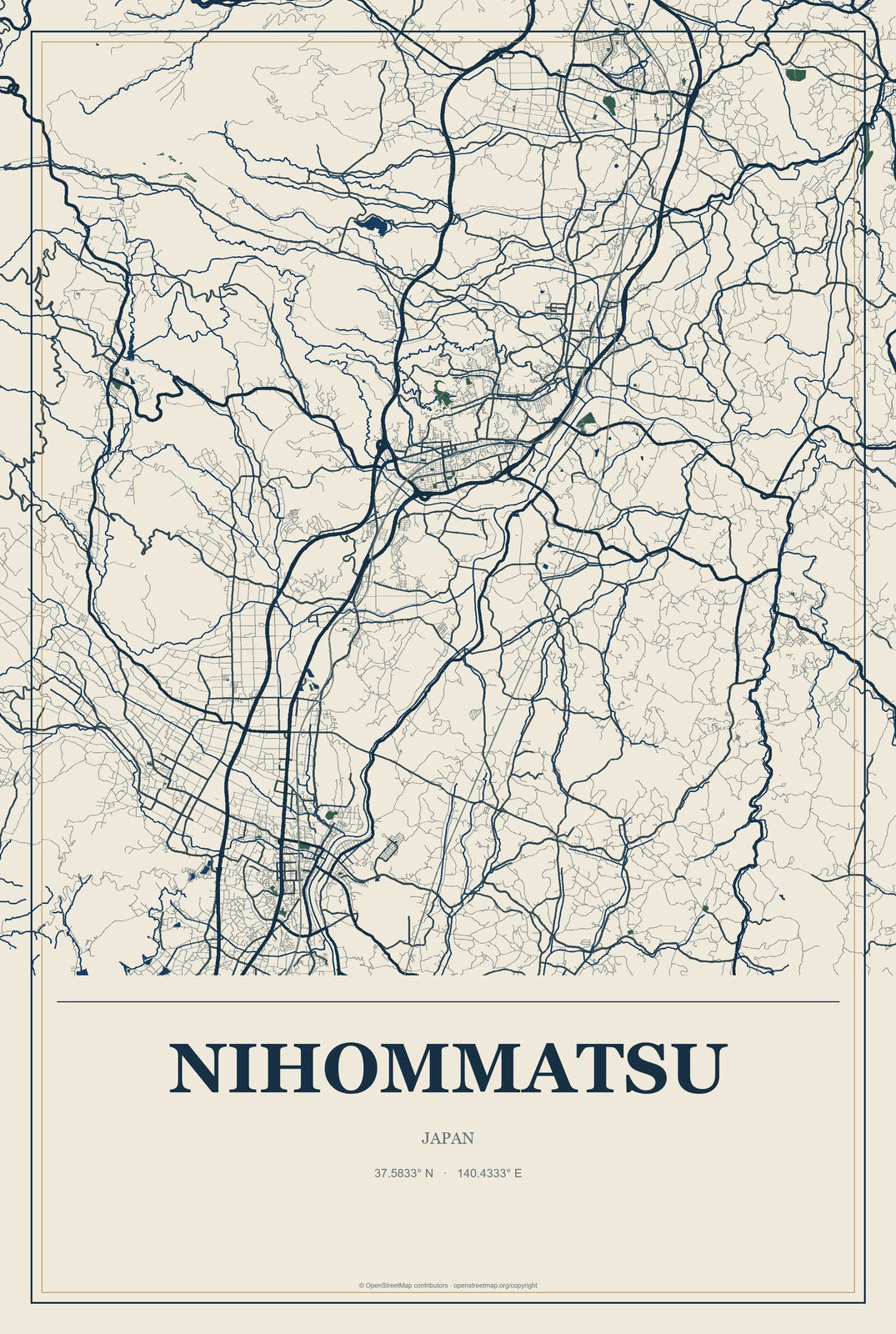 Nihommatsu, Japan City Map Aluminum Sign in Coastal Cutout style