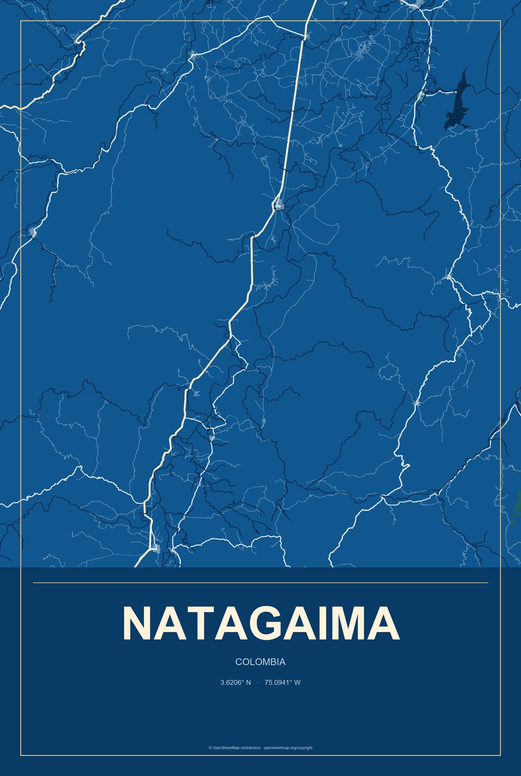 Natagaima, Colombia City Map Aluminum Sign in Harbor Cobalt style