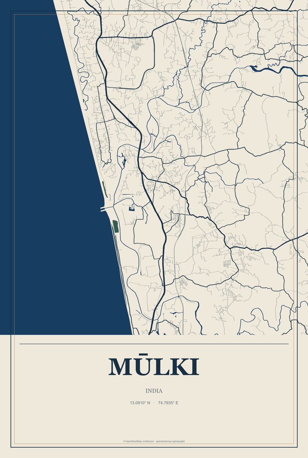 Mūlki, India City Map Aluminum Sign in Coastal Cutout style