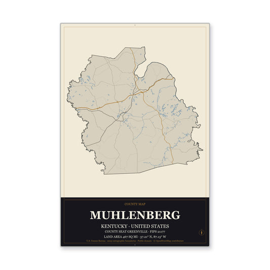 Muhlenberg County, Kentucky Map Aluminum Sign in Museum Plaque style