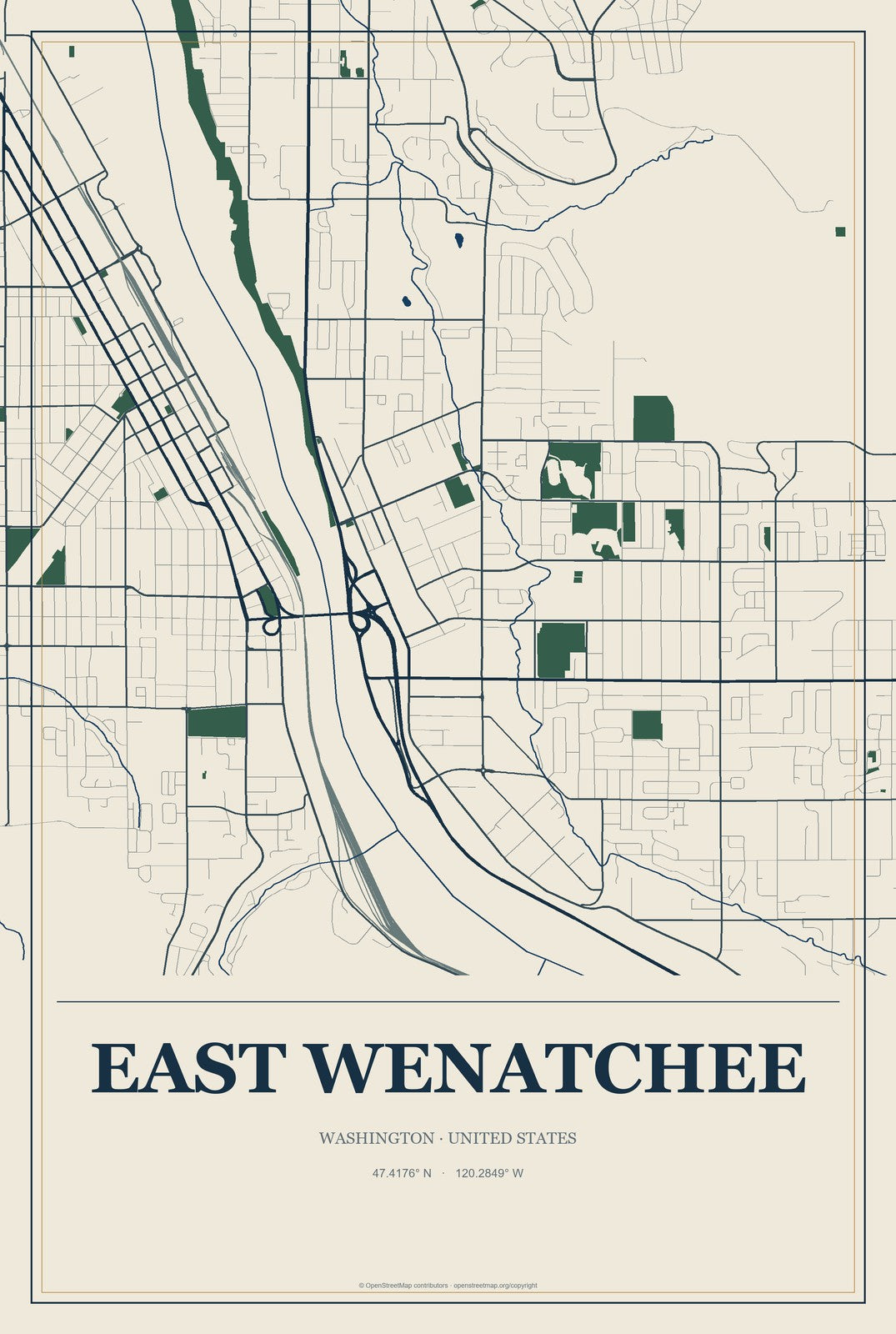 East Wenatchee, Washington City Map Aluminum Sign in Coastal Cutout style