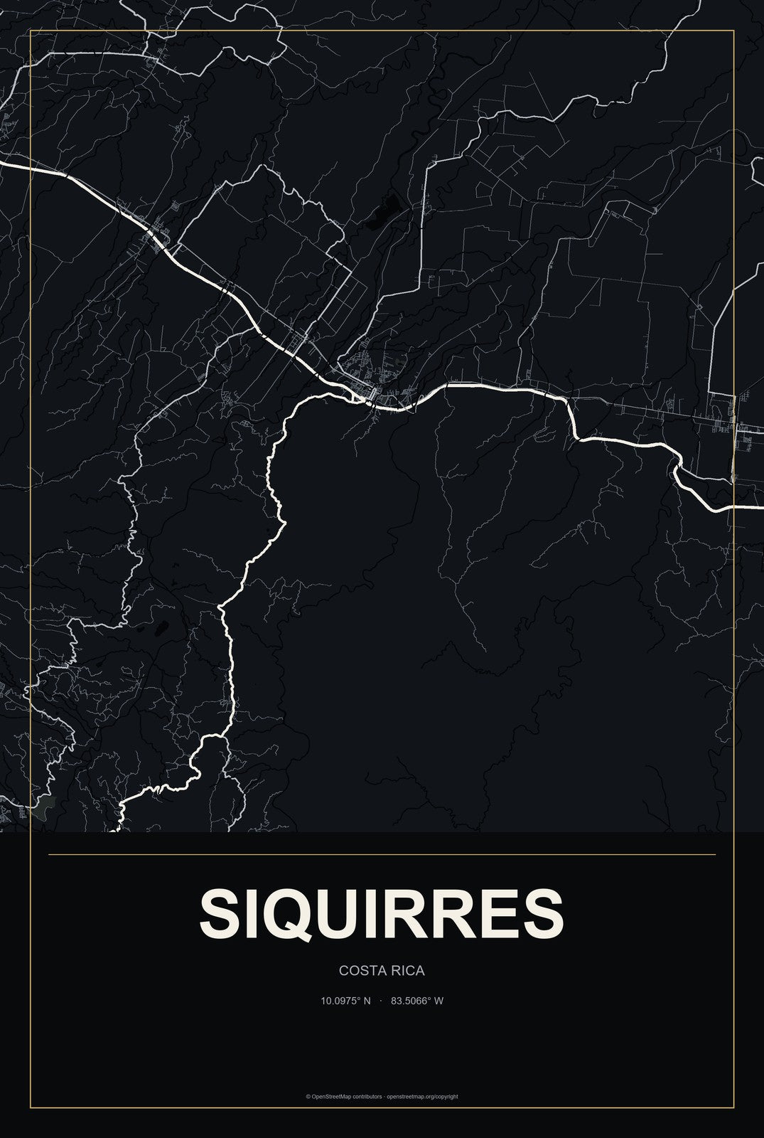Siquirres, Costa Rica City Map Aluminum Sign in Metropolitan Noir style