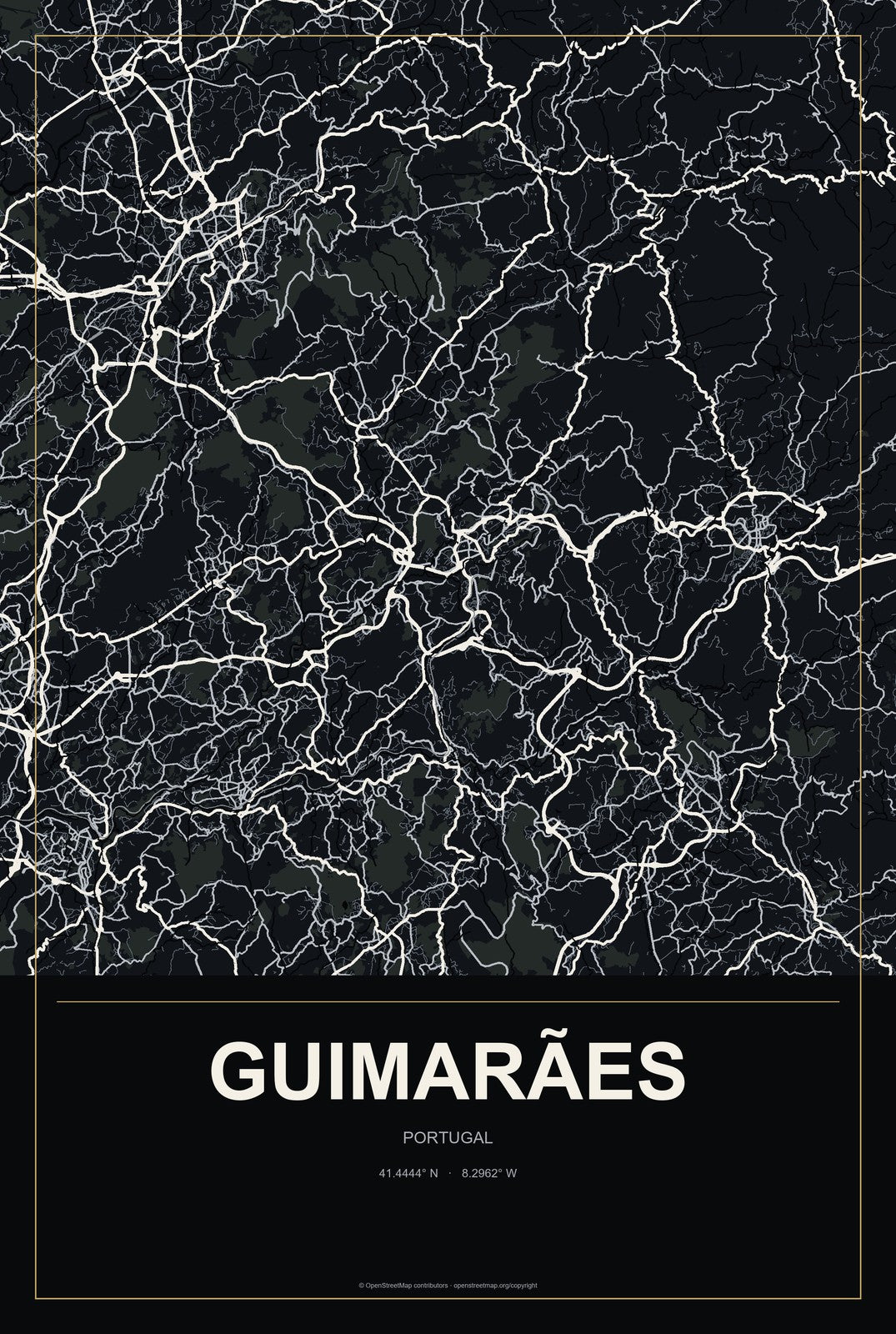 Guimarães, Portugal City Map Aluminum Sign in Metropolitan Noir style