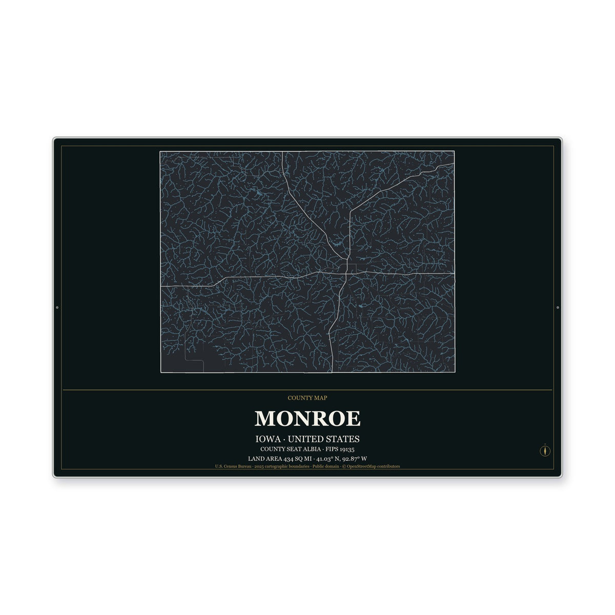 Monroe County, Iowa Map Aluminum Sign in Metropolitan Noir style