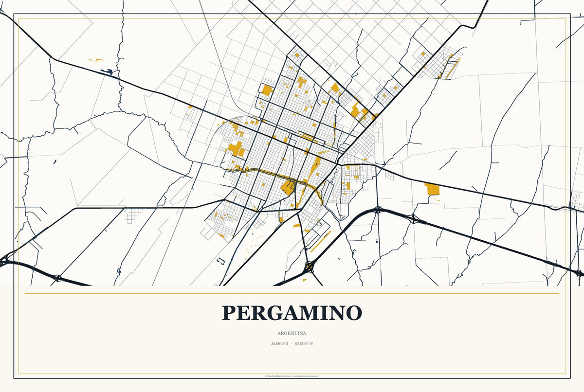Pergamino, Argentina City Map Aluminum Sign in Citrine Modern style