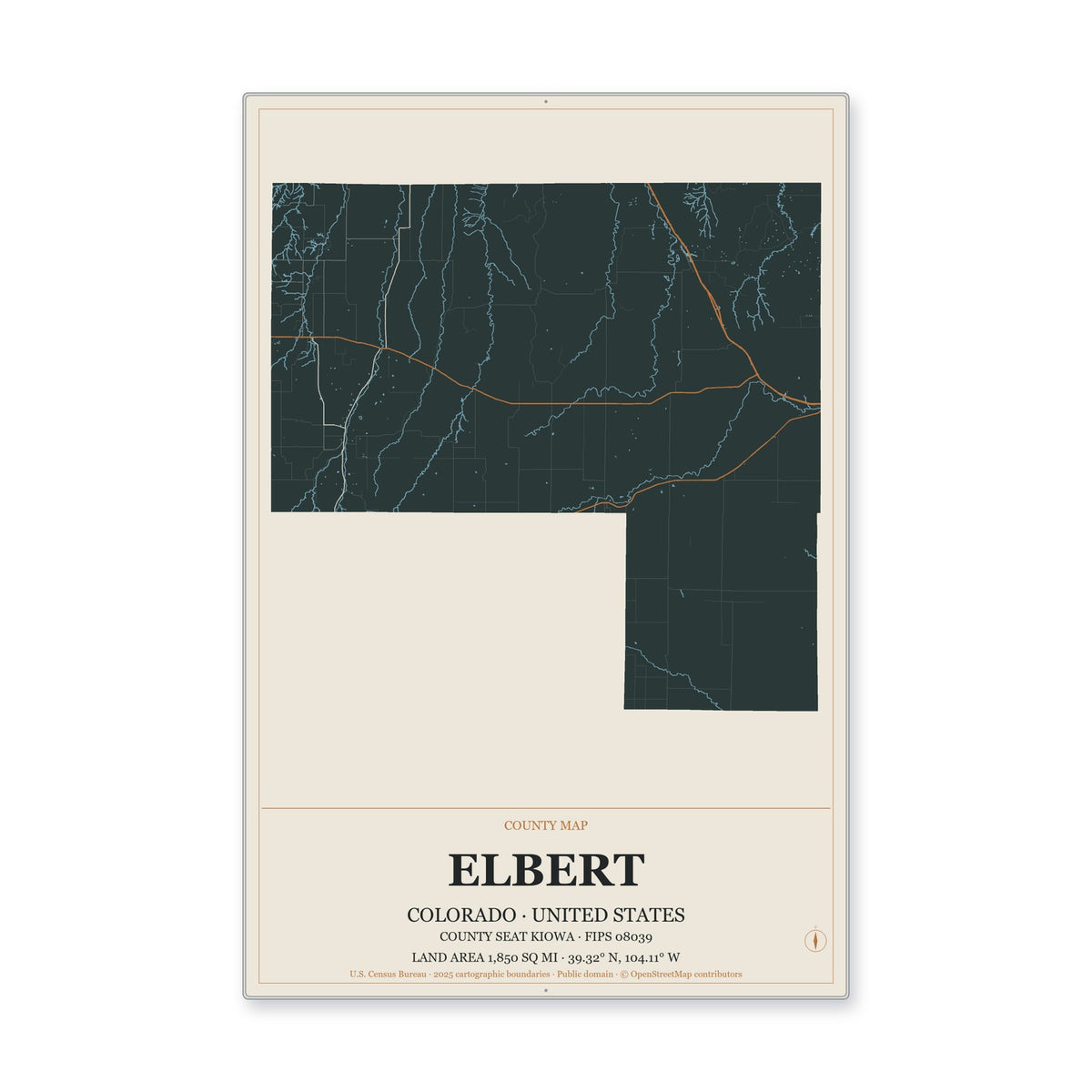 Elbert County, Colorado Map Aluminum Sign in Headline Atlas style