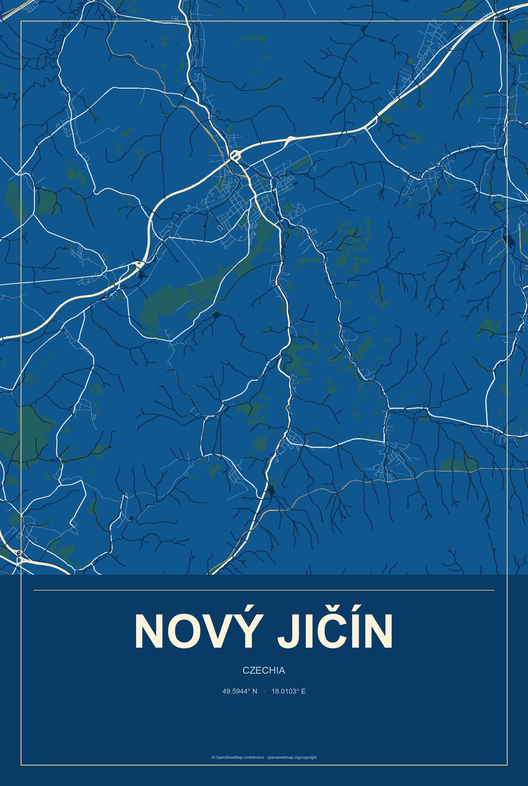 Nový Jičín, Czechia City Map Aluminum Sign in Harbor Cobalt style