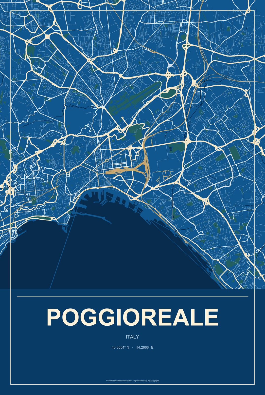 Poggioreale, Italy City Map Aluminum Sign in Harbor Cobalt style