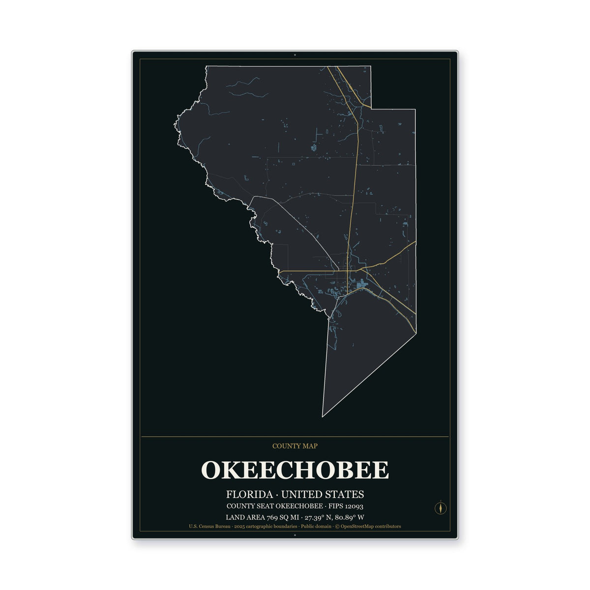 Okeechobee County, Florida Map Aluminum Sign in Metropolitan Noir style