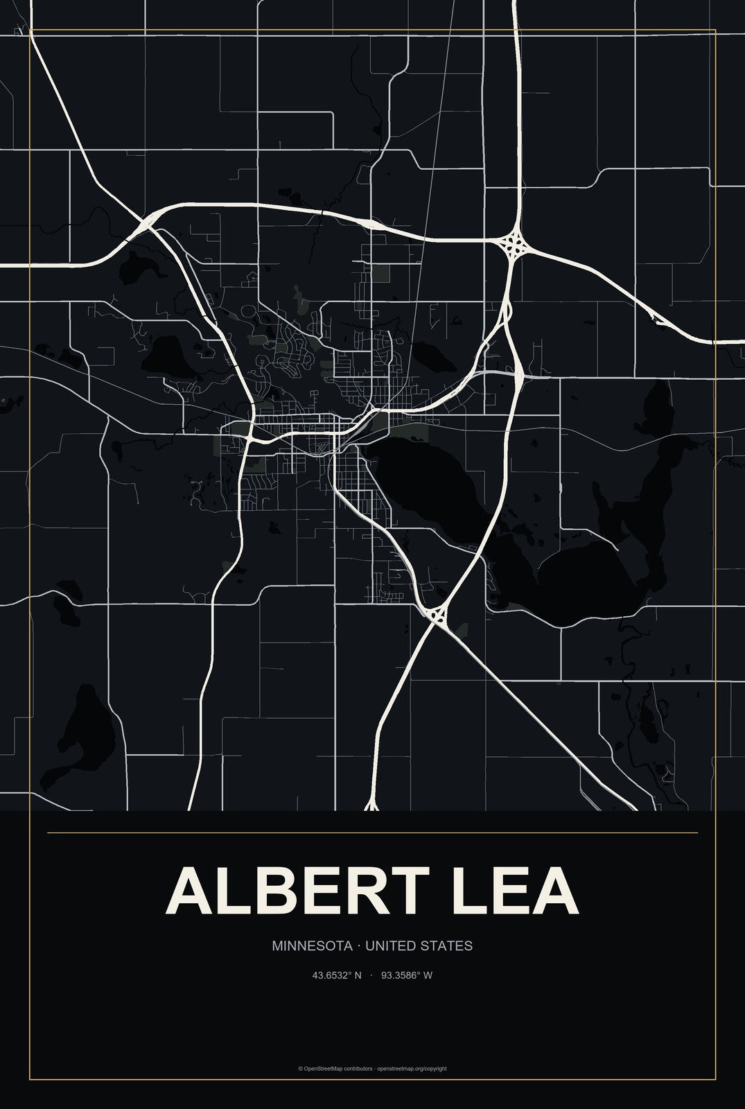 Albert Lea, Minnesota City Map Aluminum Sign in Metropolitan Noir style